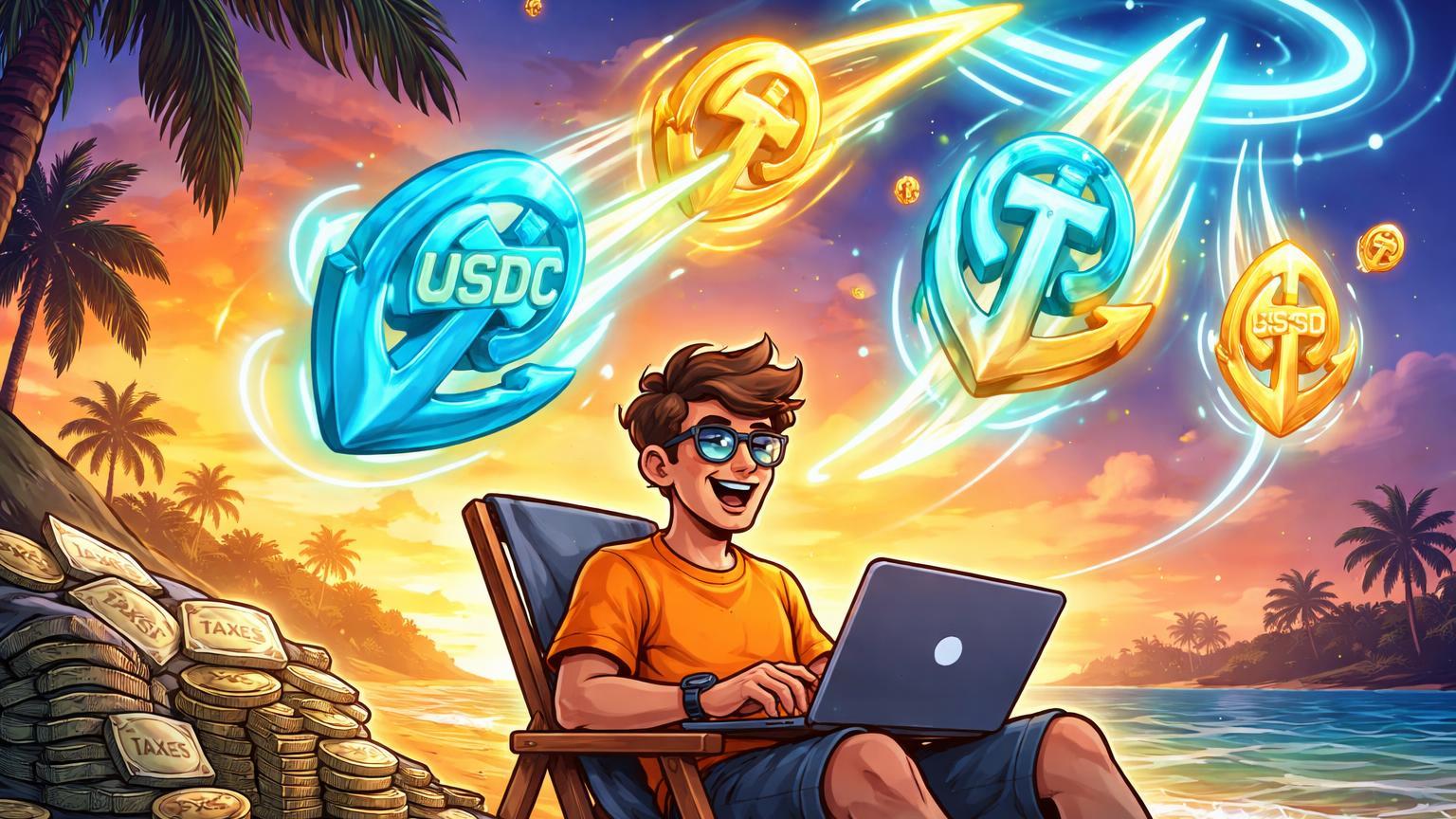 Trabalhador remoto cartoon recebendo fluxo de âncoras stablecoins USDC/USDT de portal global, contrastando com taxas fiat murchas para brasileiros