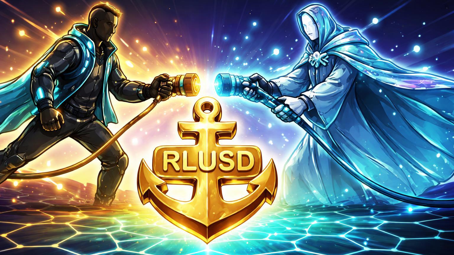 Personagens cartoon de Binance e Ripple conectando âncora RLUSD ao XRP Ledger, simbolizando suporte nativo e vitória em liquidez de stablecoins