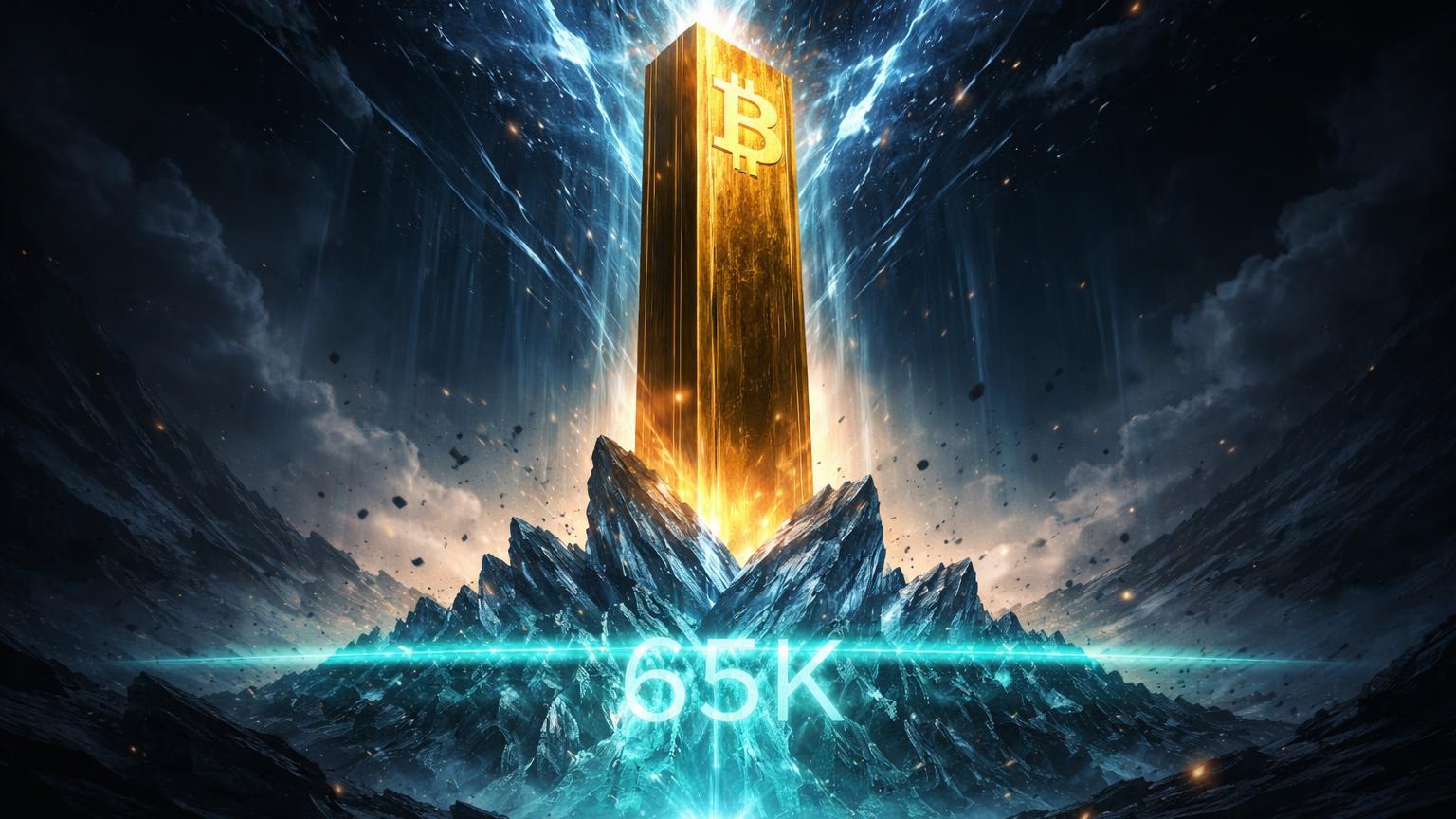 Pilar dourado monolítico resistindo rajadas macro azuis sobre linha suporte cyan com 65K, simbolizando resiliência do Bitcoin após relatório de empregos