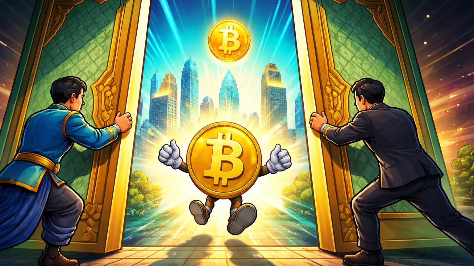 Reguladores cartoon abrindo portas de jade e ouro para Bitcoin, simbolizando legalizacao de cripto e caminho para ETFs na Tailandia