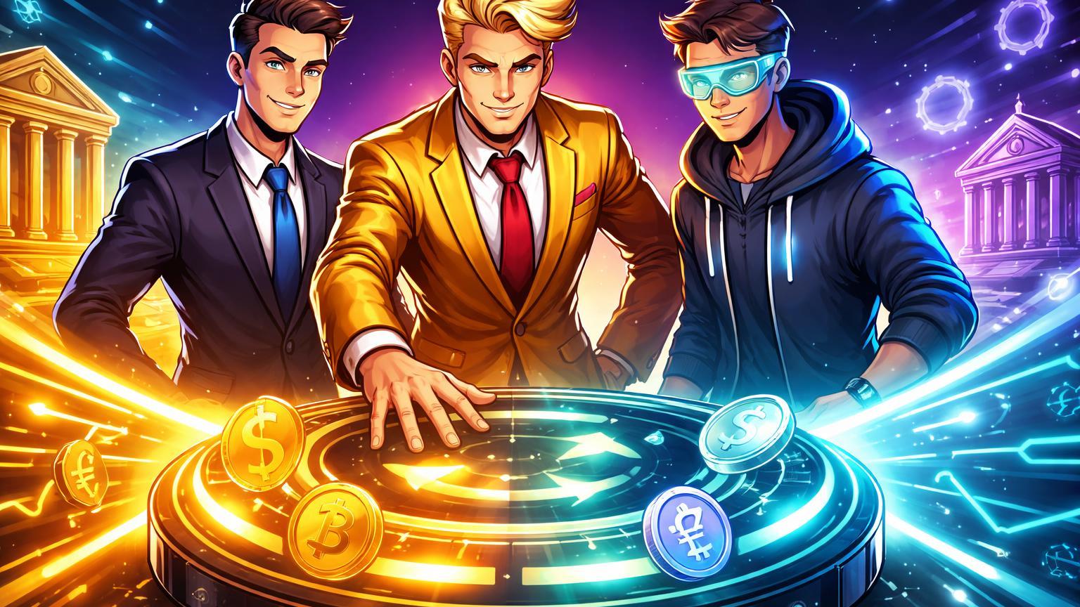 Personagens cartoon de família empresária ativando plataforma de swap unindo forex tradicional e DeFi, simbolizando lançamento World Swap