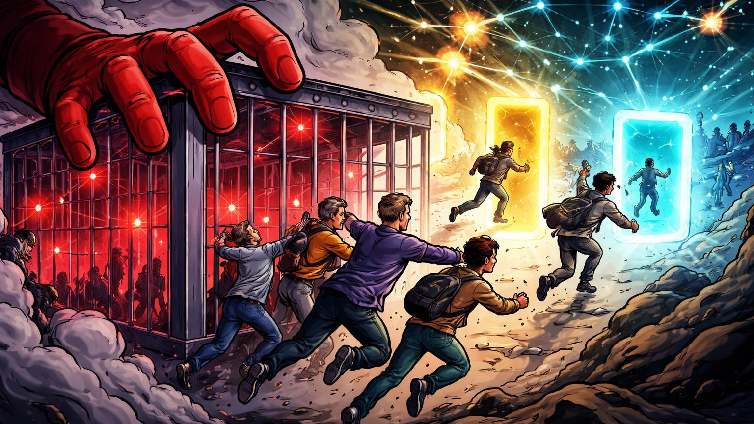 Mão estatal empurrando usuários cartoon para jaula digital, enquanto escapam por portais cripto cyan, simbolizando bloqueio do WhatsApp na Rusya