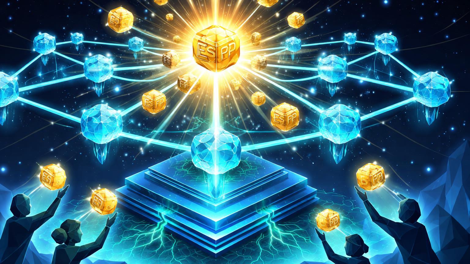 Estrutura isométrica de rede Layer 2 com airdrop de cubos ESP dourados e silhuetas capturando, simbolizando lançamento do token da Espresso Network