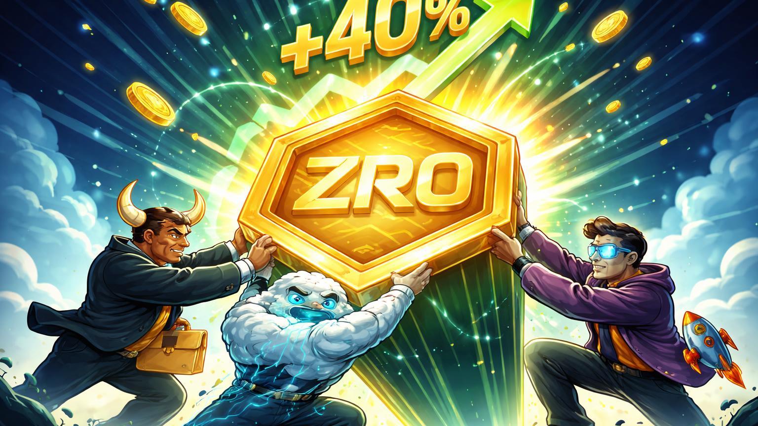 Personagens cartoon de gigantes institucionais impulsionando token ZRO com +40%, simbolizando apoio de Citadel e Google Cloud ao novo L1 Zero