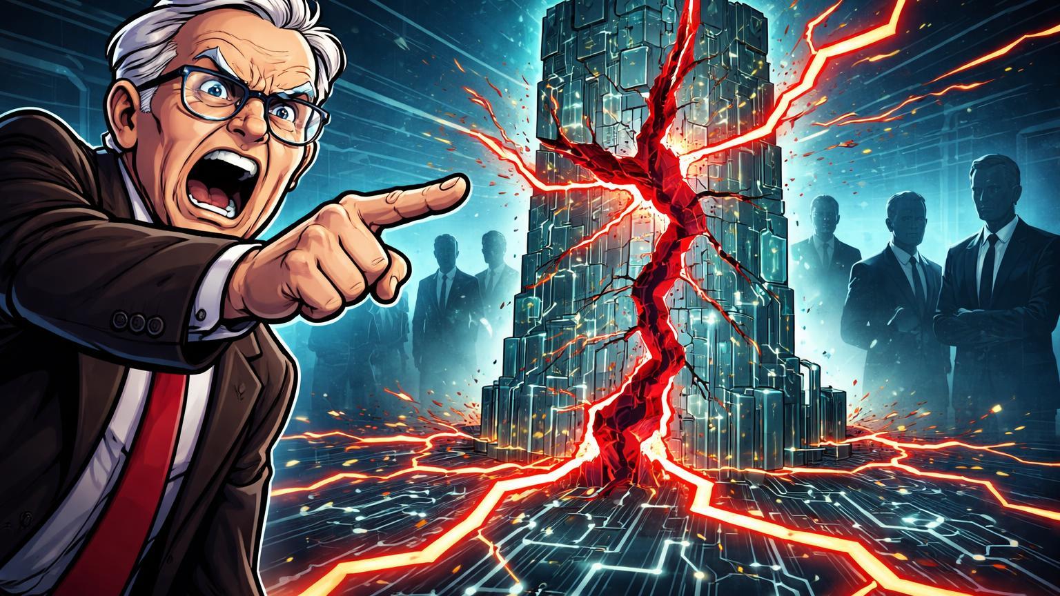 Crítico cartoon apontando para torre digital rachada com fissuras vermelhas se espalhando, alertando crise BlockFills e riscos de contágio em cripto