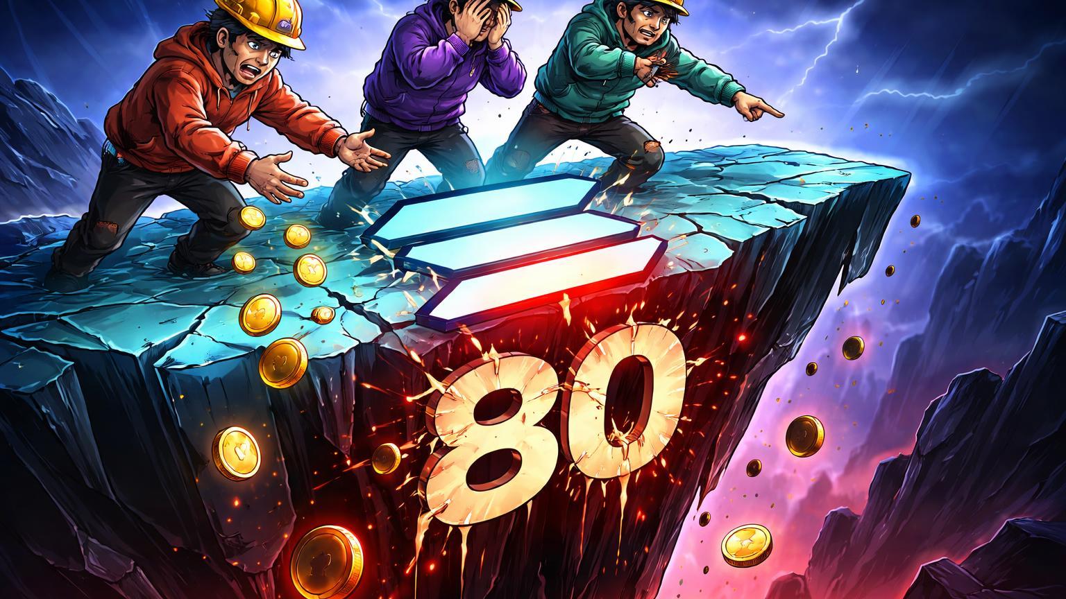 Hodlers cartoon à beira do precipício com plataforma SOL e suporte 80 rachando, simbolizando capitulação histórica de investidores em Solana