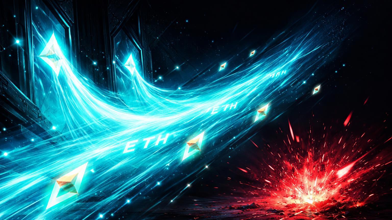 Fluxo dominante de energia cyan ETH saindo de exchanges contrastando com pequena explosão vermelha de liquidação, destacando saídas on-chain recorde no Ethereum