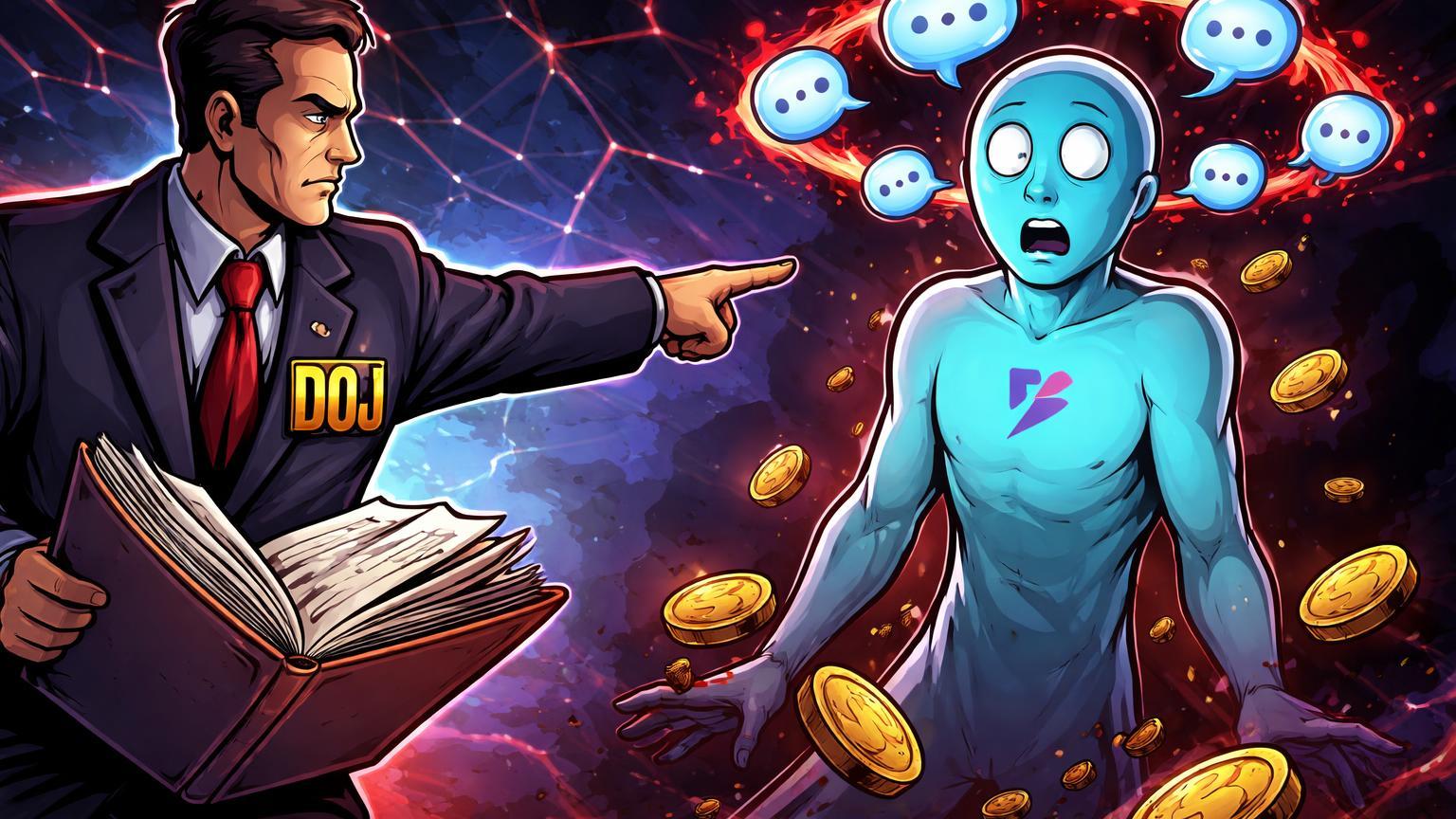 Investigador DOJ cartoon confrontando personagem Paxful com dossiê e moedas sujas, simbolizando multa por violações AML e riscos P2P