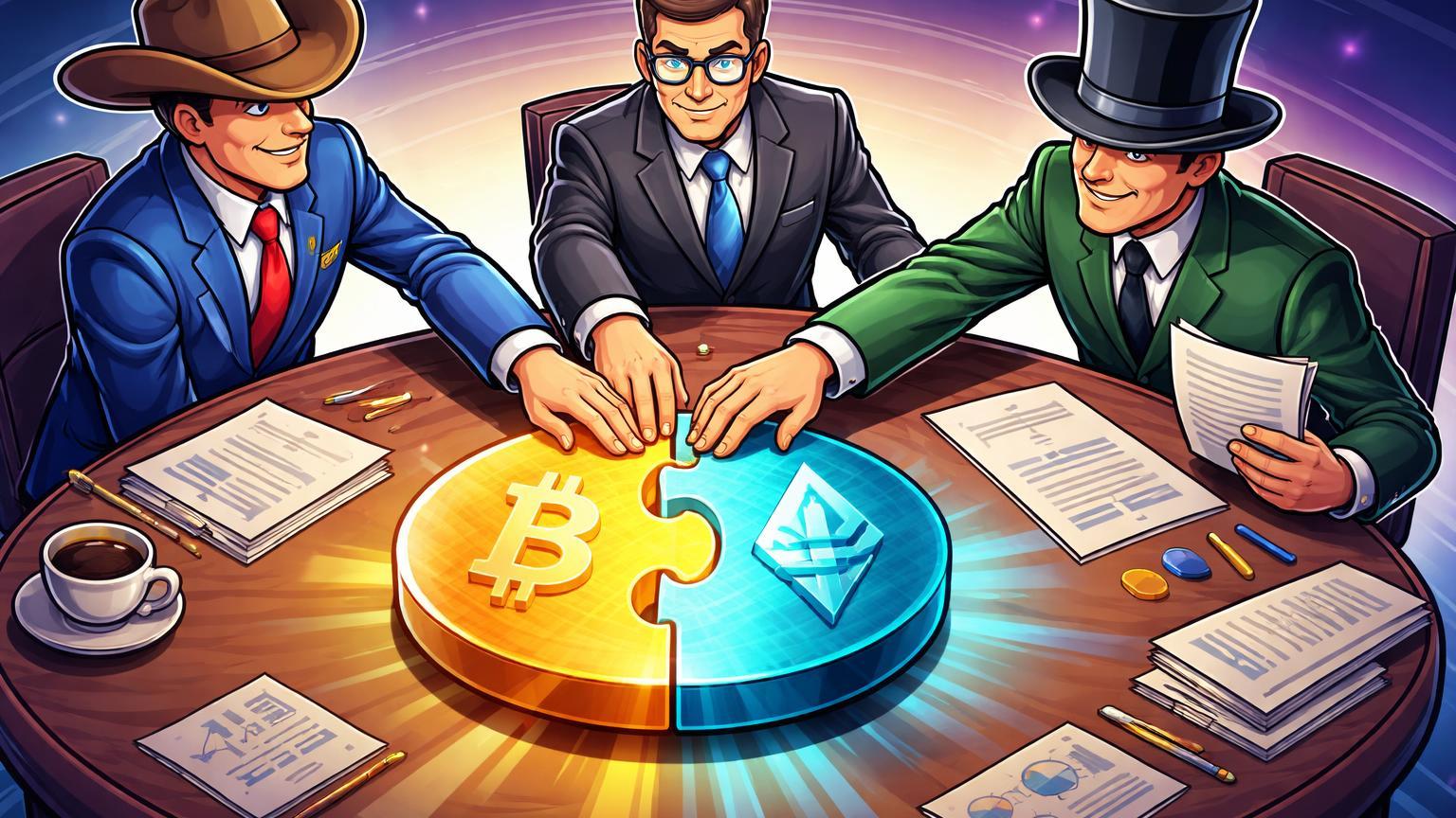 Personagens cartoon de reguladores CFTC, SEC e Fed unindo peças de puzzle cripto em mesa estratégica, simbolizando unificação de critérios regulatórios nos EUA