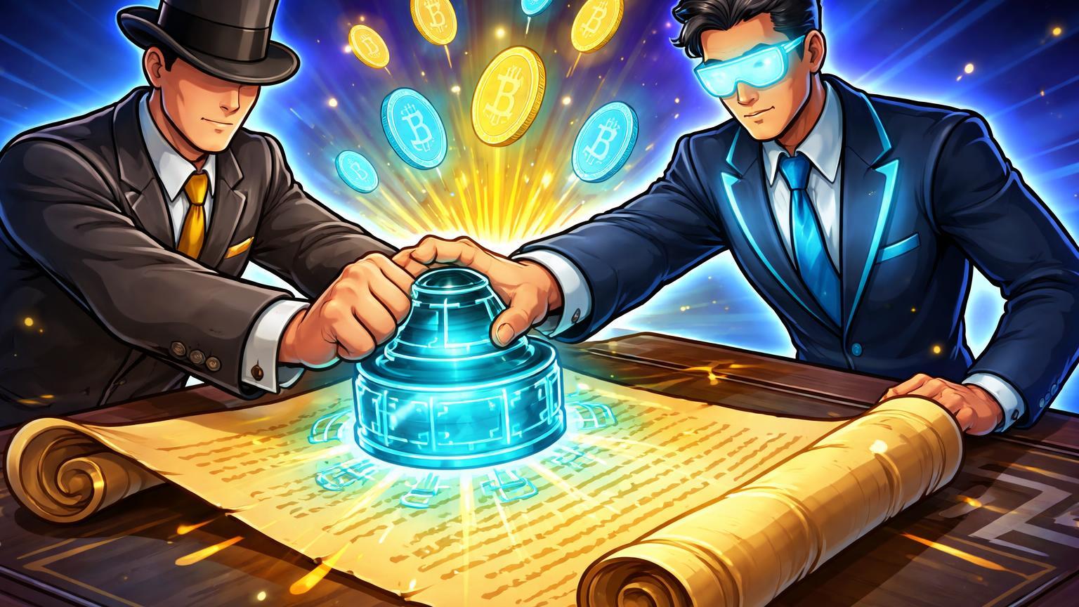 Executivos cartoon aplicando selo blockchain em pergaminho de título, transformando em tokens, simbolizando piloto de tokenização do HSBC no Reino Unido