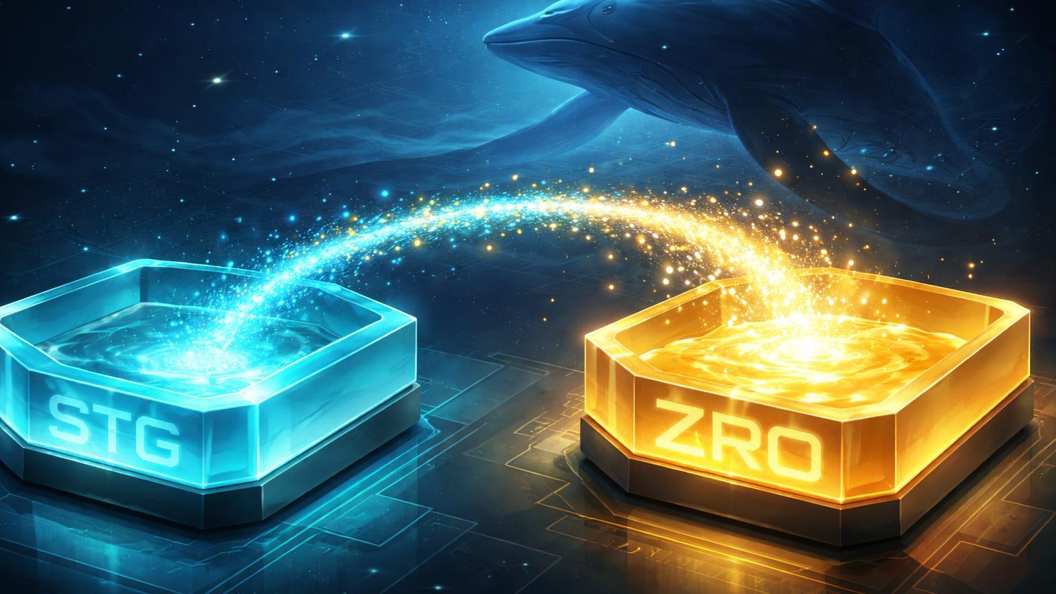 Piscinas de liquidez isométricas com fluxo de partículas de STG para ZRO e silhueta de baleia, simbolizando swap massivo da Alameda em DeFi
