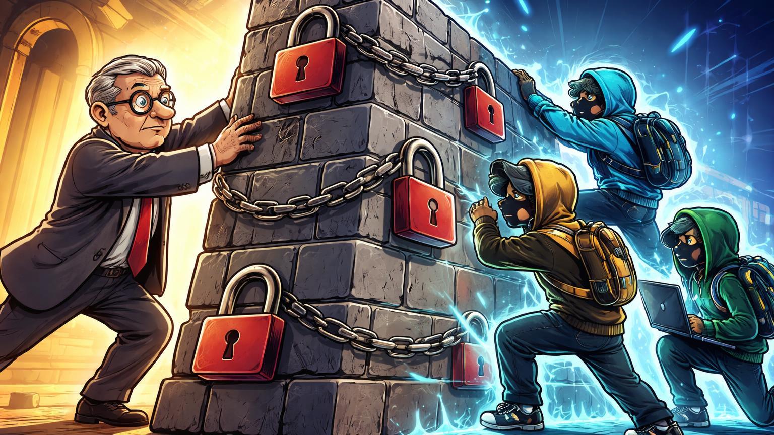 Banqueiro cartoon erguendo barreira contra innovators cripto, simbolizando lobby bancário da ABA contra licenças para empresas digitais nos EUA