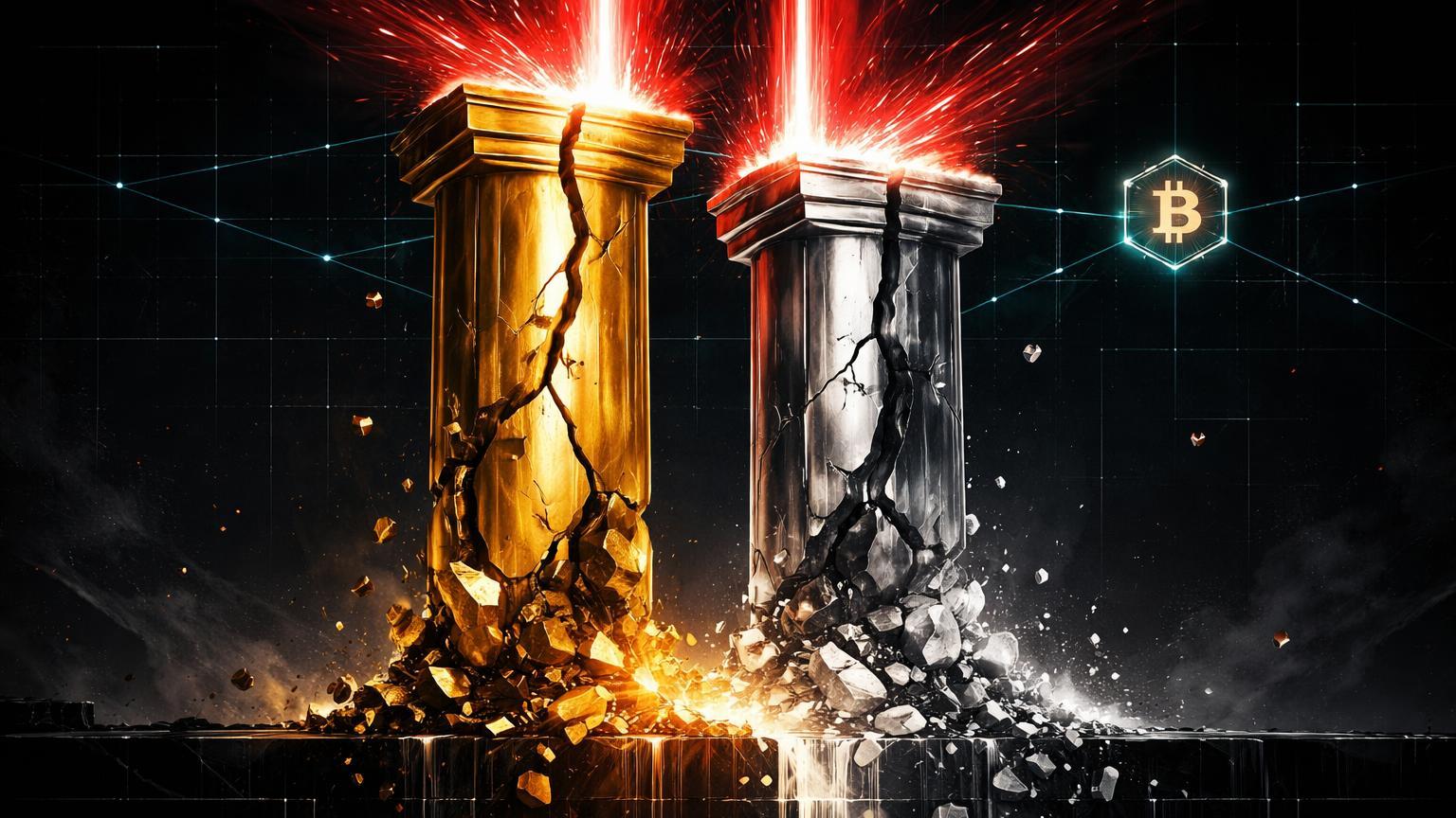 Pilares de ouro e prata rachando sob energia vermelha descendente com rede cyan ligando a BTC, simbolizando queda nos metais e correlacao