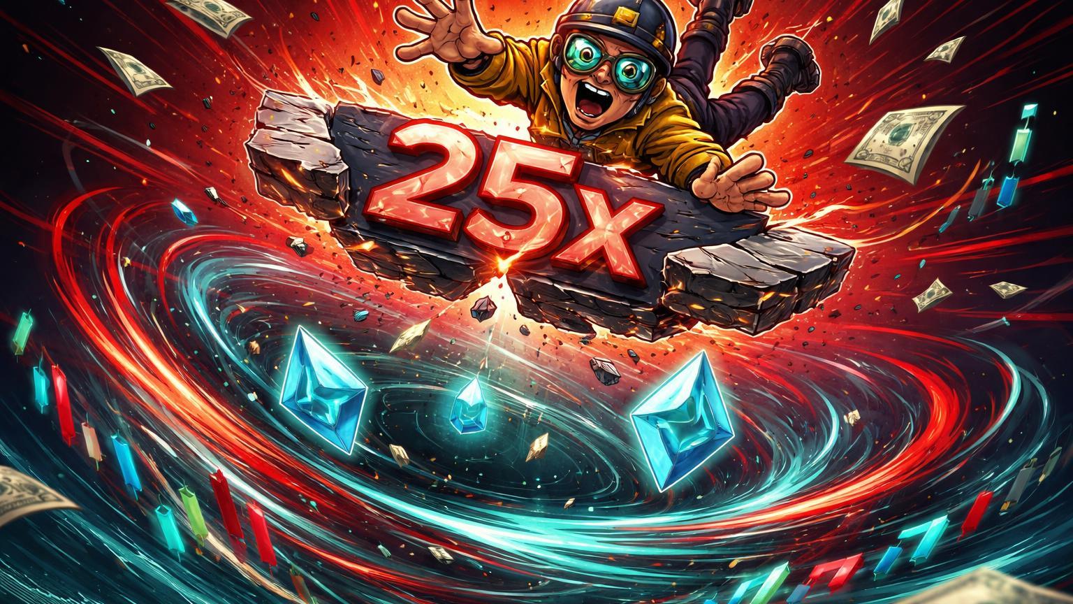 Trader cartoon em pânico despencando de plataforma alavancada 25x em redemoinho de volatilidade Ethereum, alertando riscos de liquidação