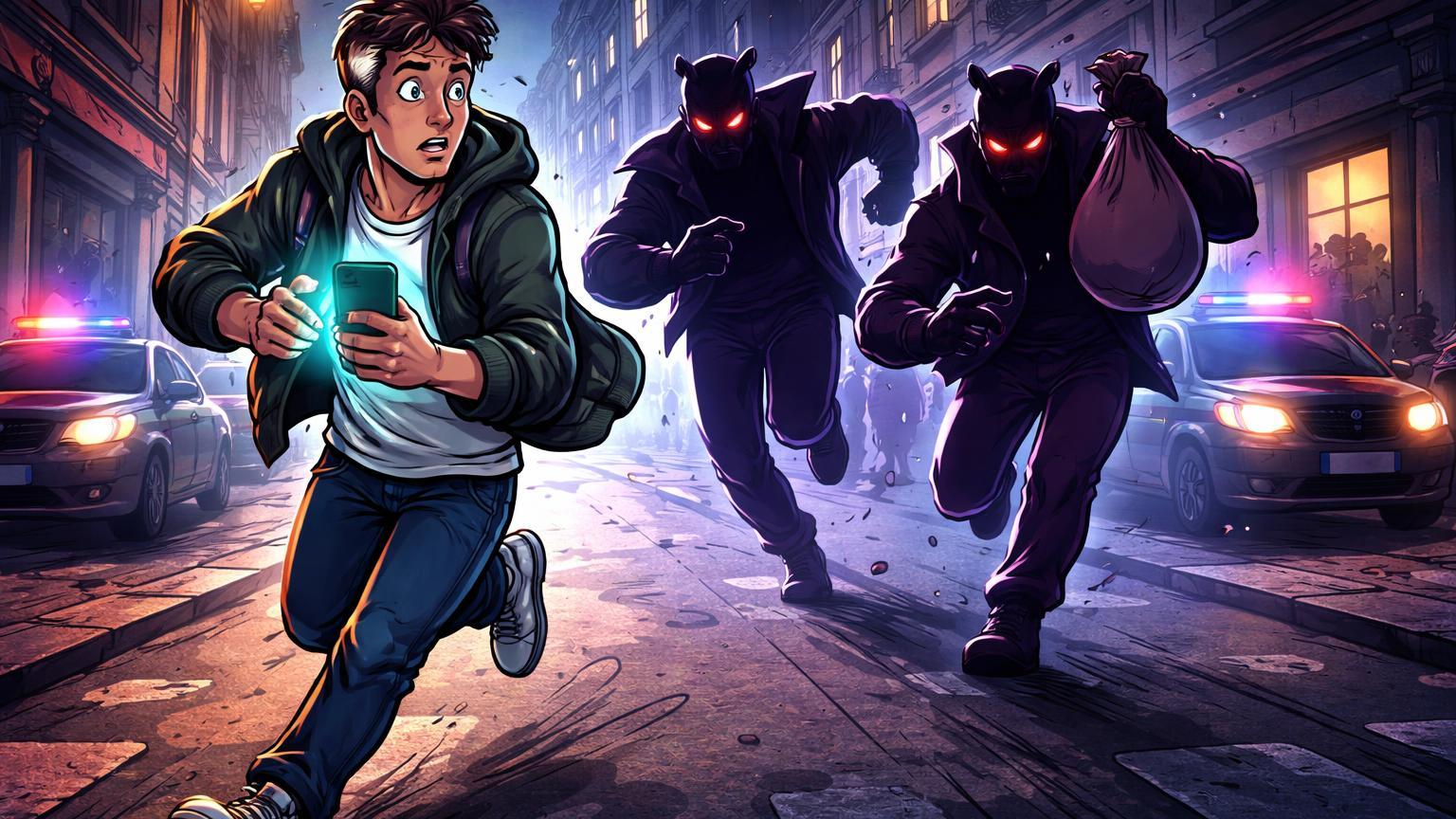 Holder cartoon fugindo de perseguidores sombrios em rua noturna, com polícia aproximando, alertando riscos físicos de sequestro para detentores de cripto na França