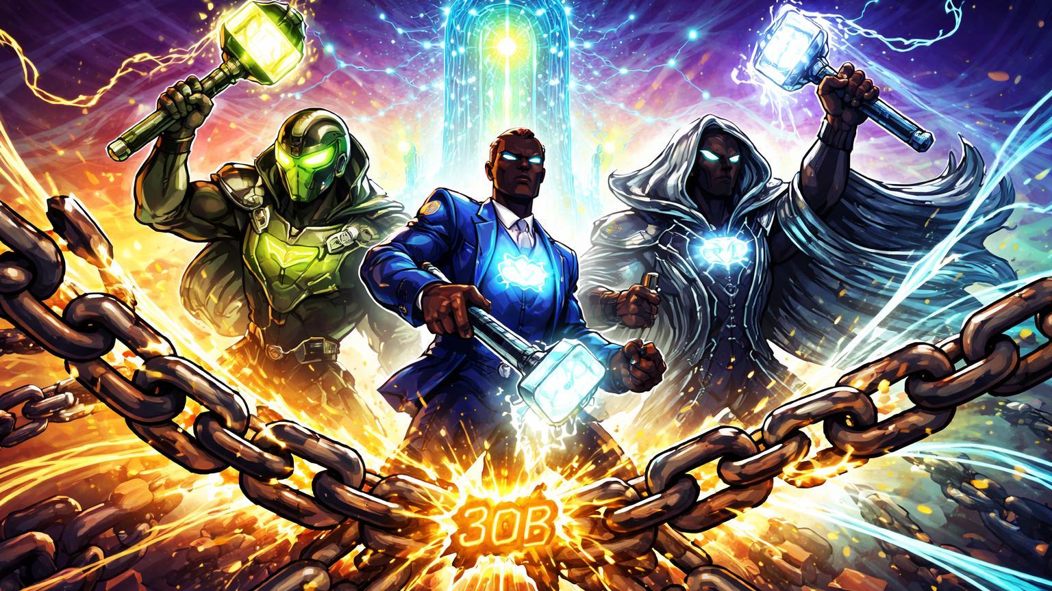 Personagens cartoon de gigantes tech quebrando correntes de regras VC, liberando fluxo dourado-cyan para torre neural IA/Web3, marcando captação de US$30 bi pela Anthropic