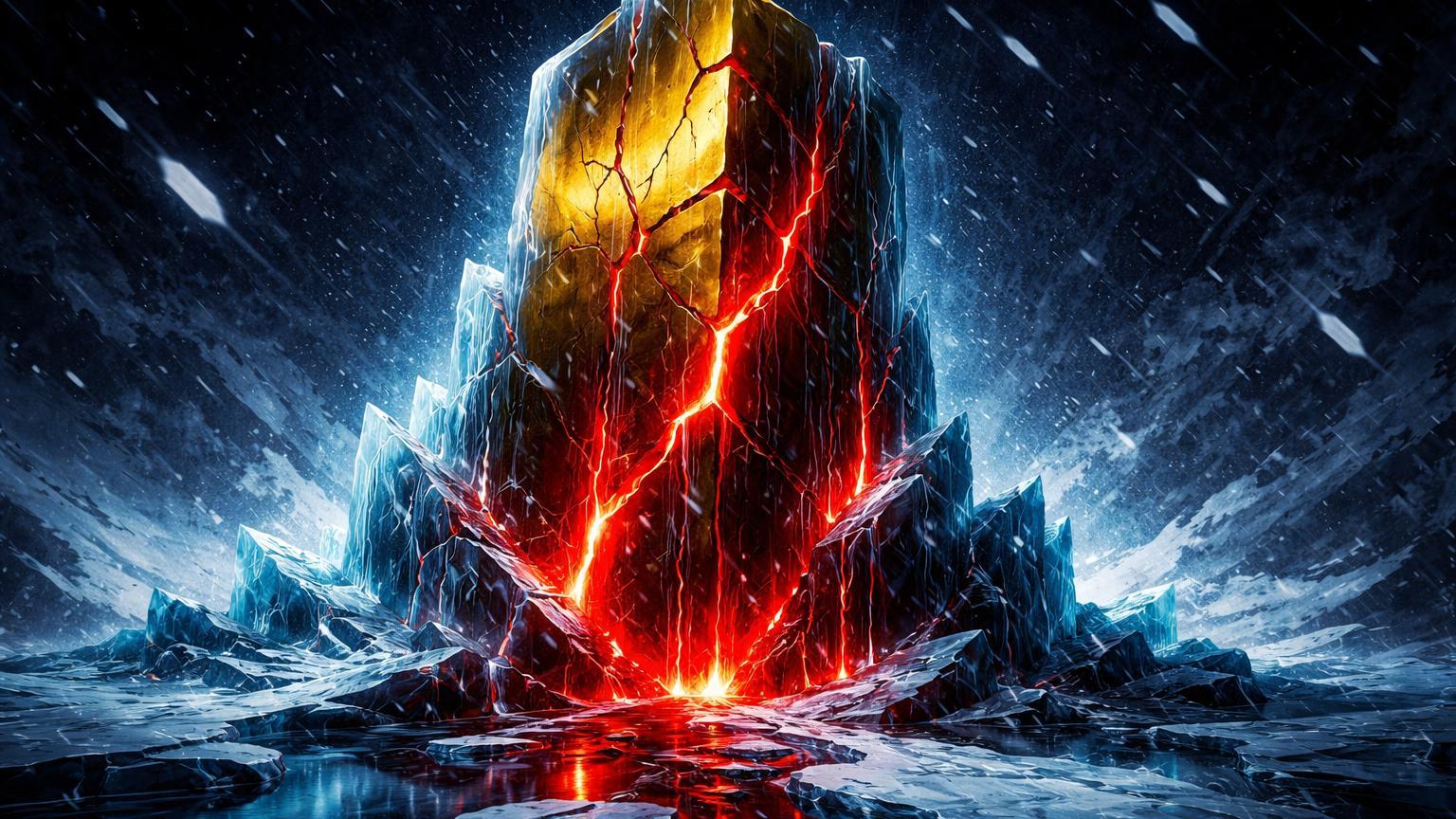Monolito dourado sob crosta de gelo rachado com veias vermelhas pulsantes, simbolizando queda de 46% do Bitcoin e inverno cripto prolongado