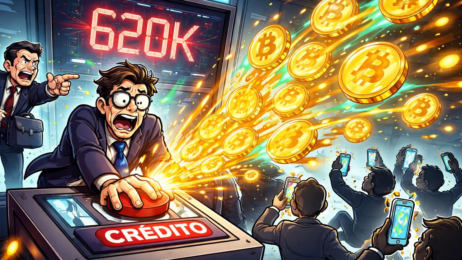 Cena cartoon de funcionário exchange liberando acidentalmente enxurrada de BTC, clientes vendendo e regulador furioso, ilustrando erro bilionário da Bithumb