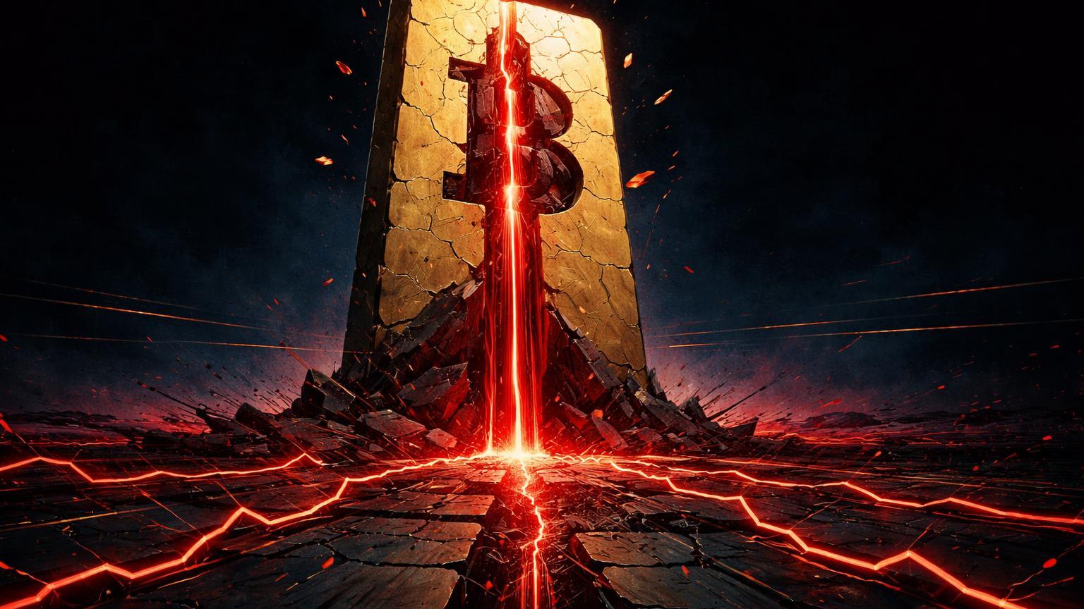 Monolito dourado de Bitcoin com fissura vermelha escorrendo perdas, simbolizando capitulação on-chain após 3 anos