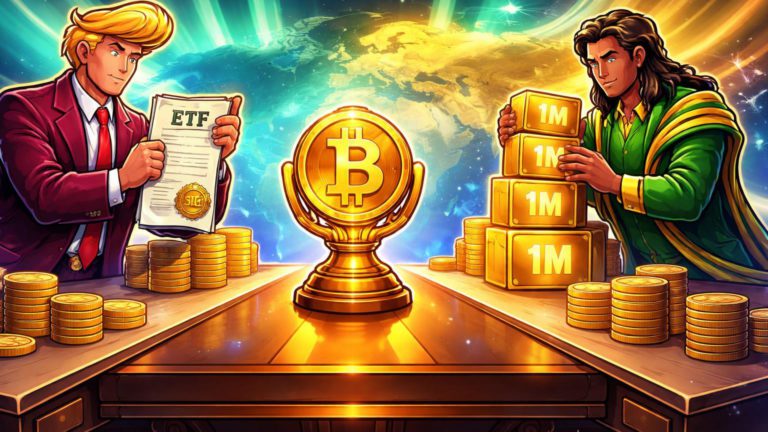 Personagens cartoon estilizados americano e brasileiro negociando reserva de 1M BTC e ETFs Trump, simbolizando nova era soberana de Bitcoin