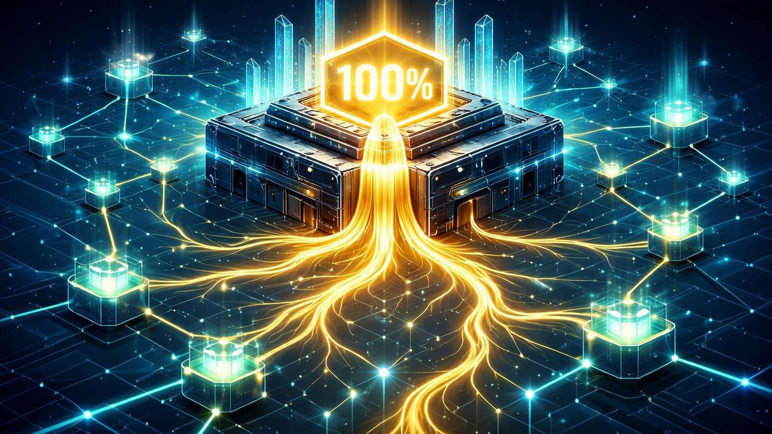 Rio dourado de energia ramificando de torre central isométrica para rede de nodos DAO com '100%' luminoso, simbolizando transferência total de receitas Aave