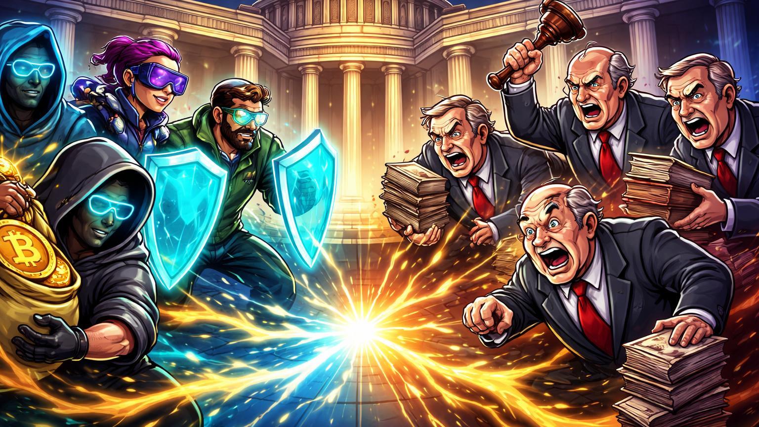 Personagens cartoon da indústria cripto confrontando congressistas anti-cripto em arena do Capitólio, simbolizando lobby de US$193M em Washington