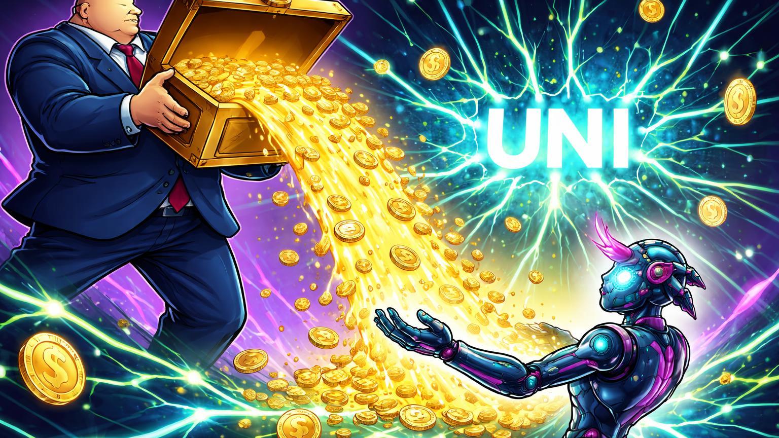 Executivo BlackRock cartoon despejando liquidez dourada em rede DeFi Uniswap com sigla UNI luminosa, simbolizando integração de RWA bilionário