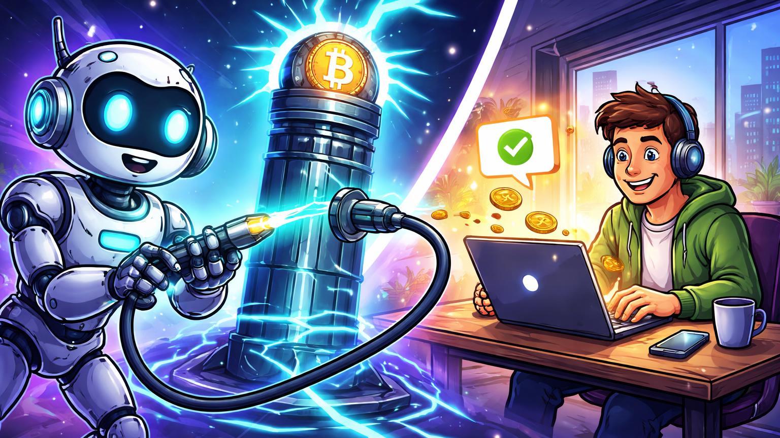 Robô IA cartoon enviando raios Lightning para pagamento BTC a freelancer em home office, simbolizando ferramentas da Lightning Labs para micropagamentos