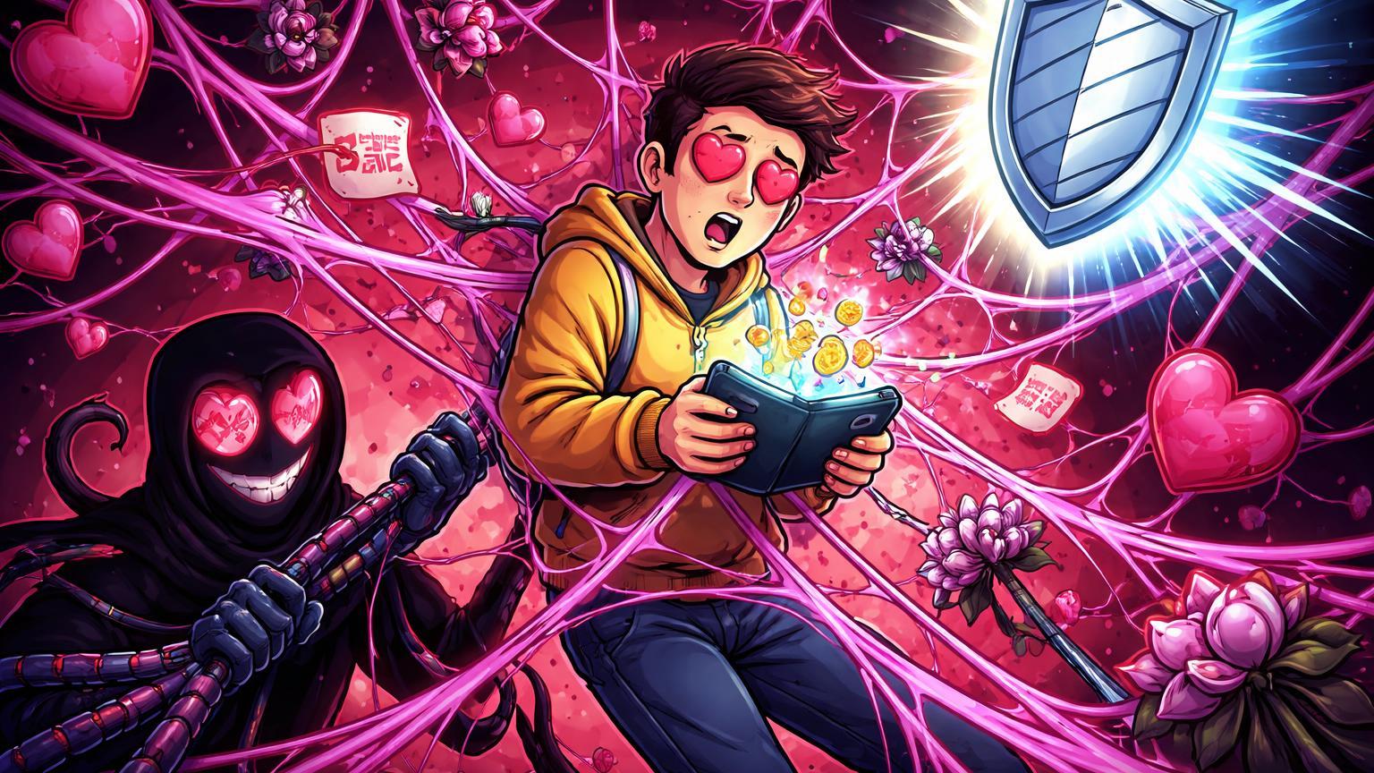 Cena cartoon de vítima presa em teia romântica scammer sugando cripto, com escudo protetor DOJ, alertando sobre golpes no Dia dos Namorados