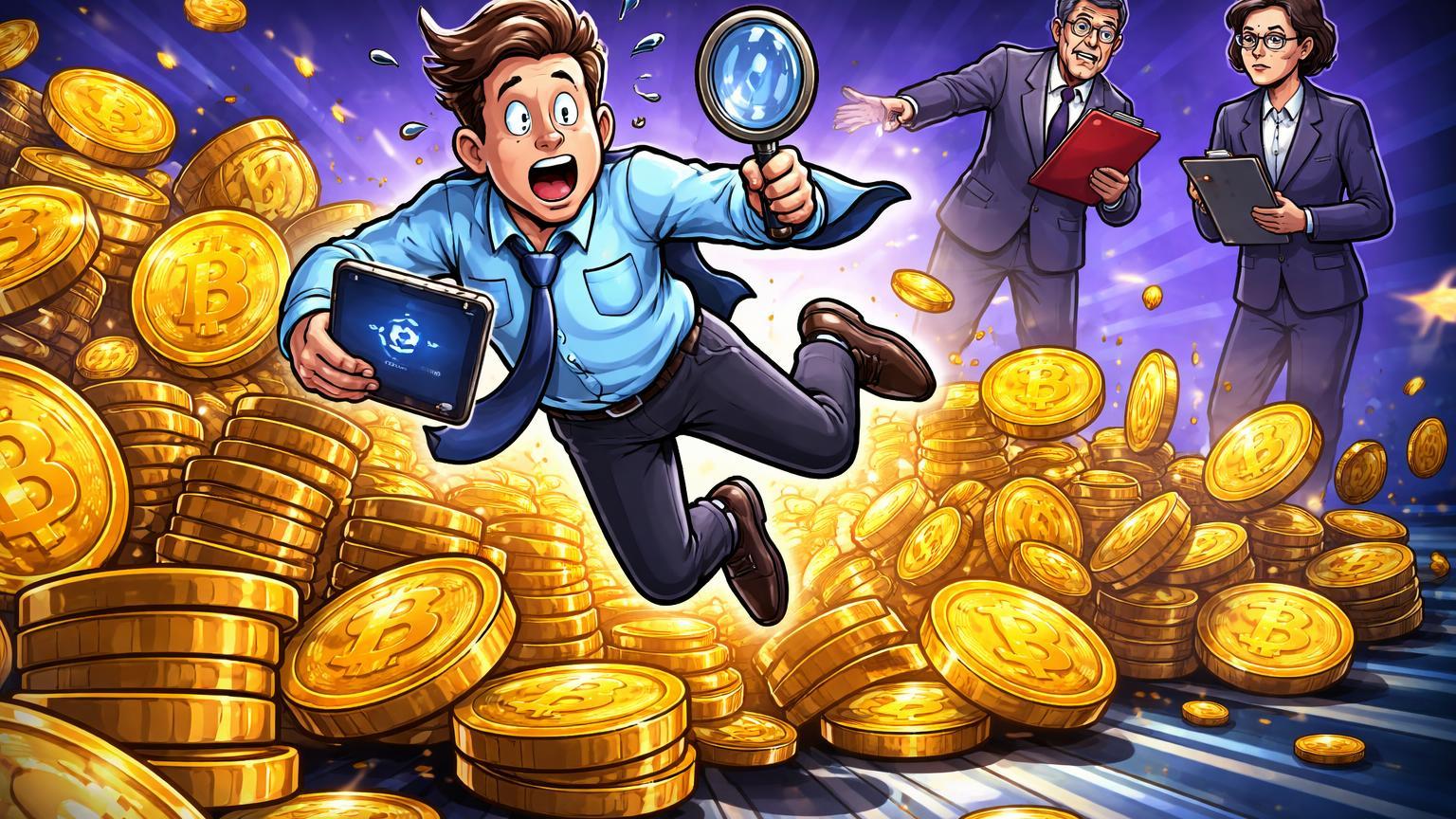 Personagem cartoon de exchange tropeçando e derrubando avalanche de Bitcoins dourados, reguladores investigando riscos de custódia