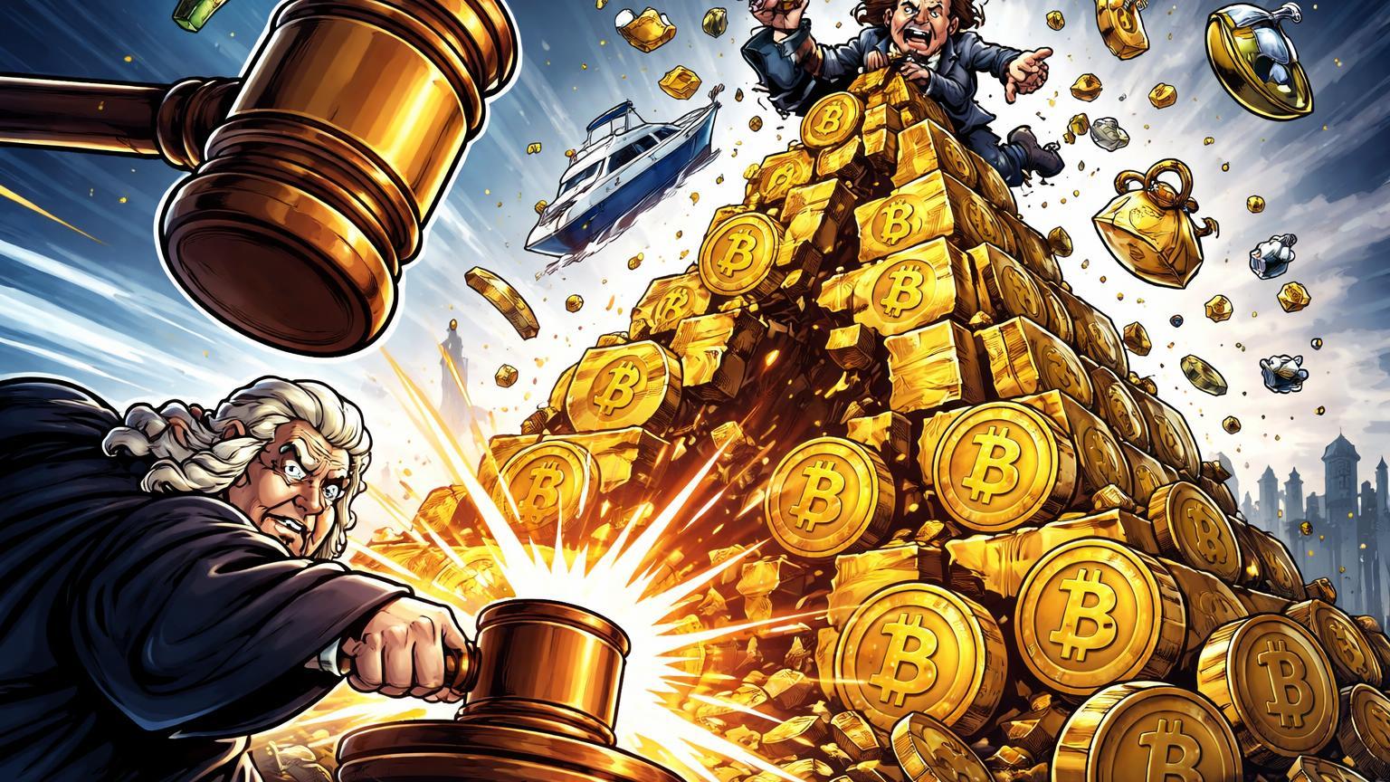 Juiz cartoon batendo martelo em pirâmide Ponzi de Bitcoin desmoronando com CEO em pânico, ilustrando condenação por esquema de fraude