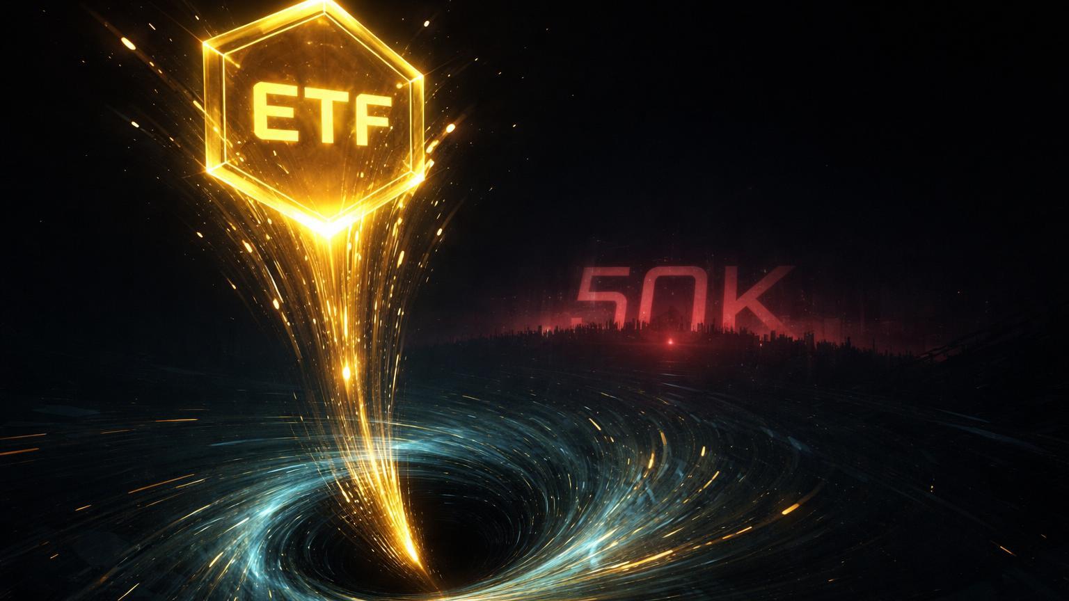 Vórtice negro sugando energia dourada de estrutura hexagonal Bitcoin, com '50K' no horizonte sombrio, alertando saídas recordes de ETFs