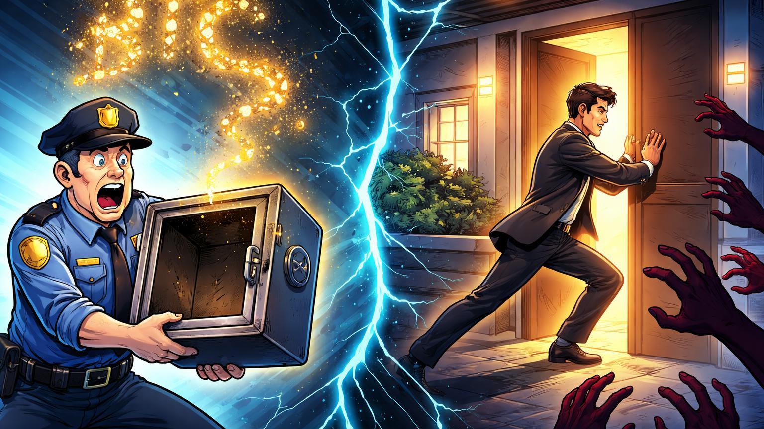 Policiais cartoon com cofre BTC vazio e CEO defendendo mansão contra invasores sombrios, alertando riscos de segurança física no cripto