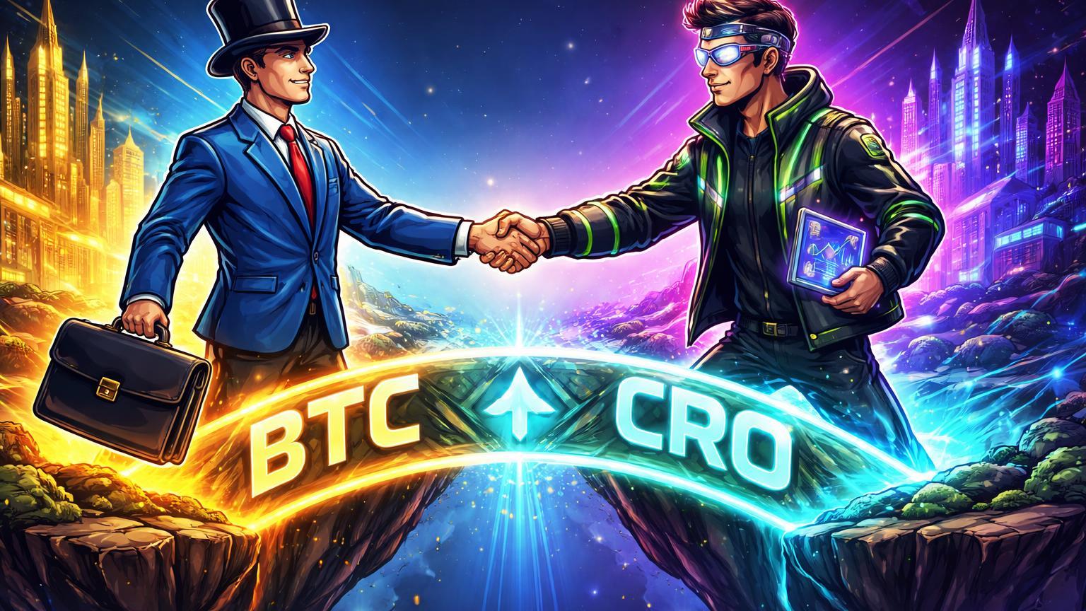 Executivo tradicional e trader cripto cartoon apertando mãos sobre ponte com BTC ETH CRO, simbolizando ETFs da Trump Media na SEC