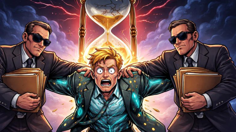 Figuras cartoon reguladoras pressionando personagem exchange suado sob ampulheta rachada, simbolizando urgência no CLARITY Act e crise na Binance