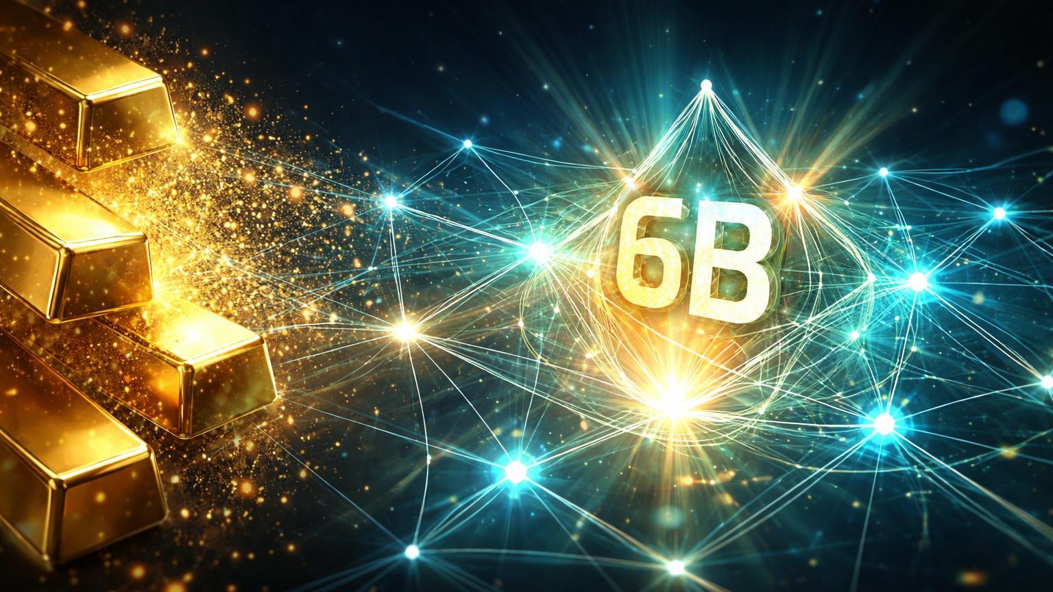 Lingotes dourados se dissolvendo em rede glassmorphism cyan com '6B' central, simbolizando ouro tokenizado superando US$ 6 bilhões em RWAs