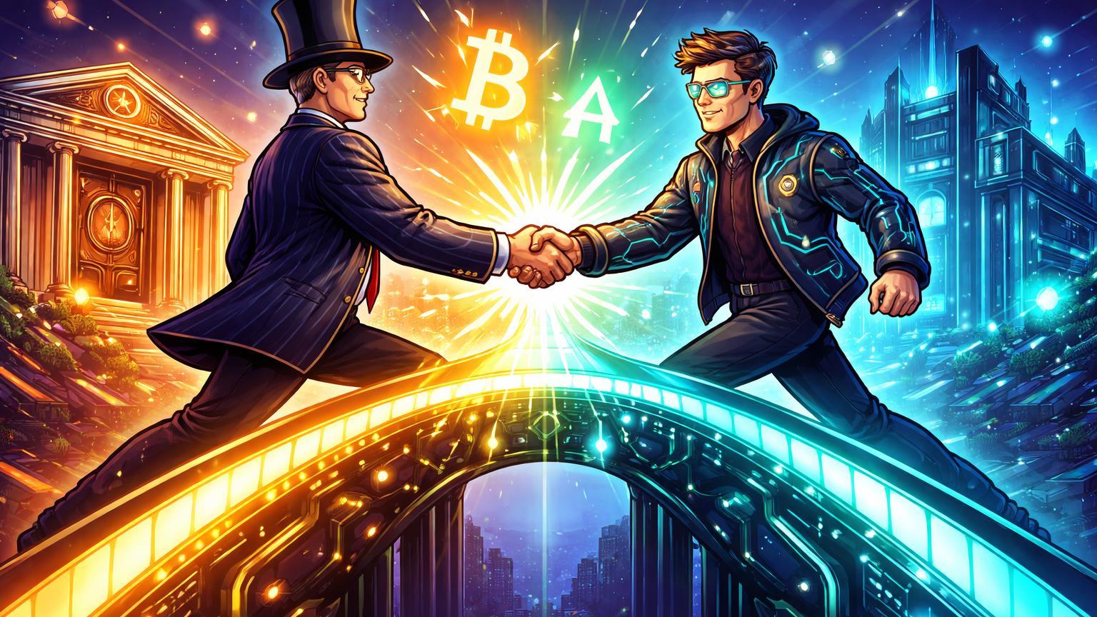 Executivos cartoon de banco tradicional e cripto apertando mãos sobre ponte luminosa com símbolos BTC e ETH, simbolizando parceria para liquidez institucional