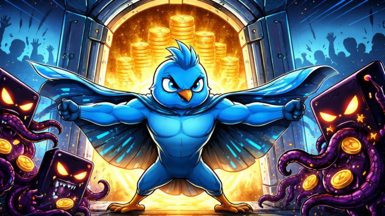 Guardião cartoon da X barrando apps sombrios com tentáculos sugadores de moedas, protegendo pilha de gorjetas seguras para usuários