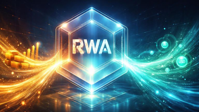 Estrutura glassmorphism DeFi recebendo fluxos dourados de ouro e ações como RWA, simbolizando investimento Tether em Dreamcash para trading perp em Hyperliquid