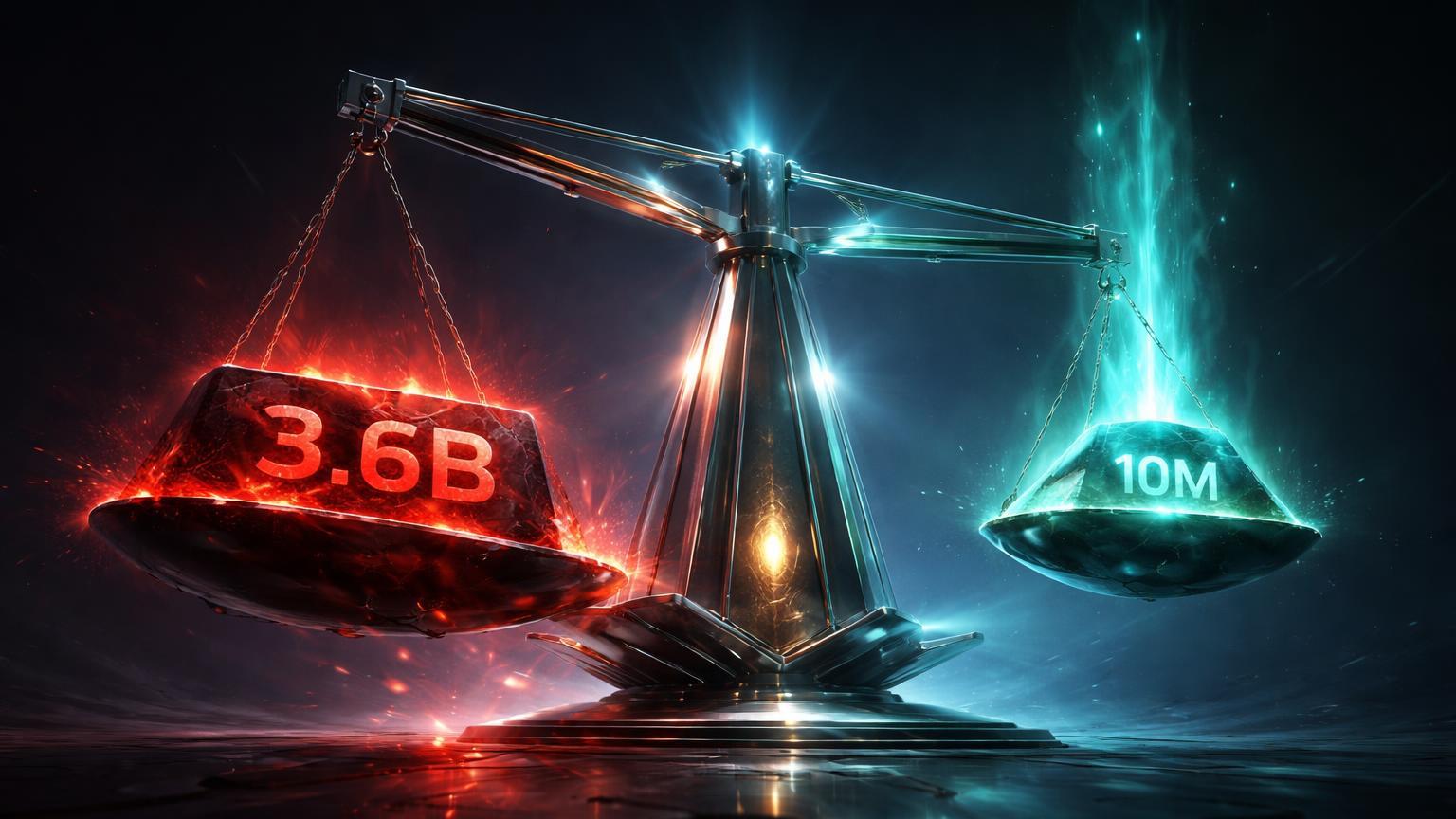 Balança digital desequilibrada com bloco '3.6B' afundando lado BTC e prisma '10M' elevando ETH, simbolizando saídas em ETFs Bitcoin vs influxos Ethereum