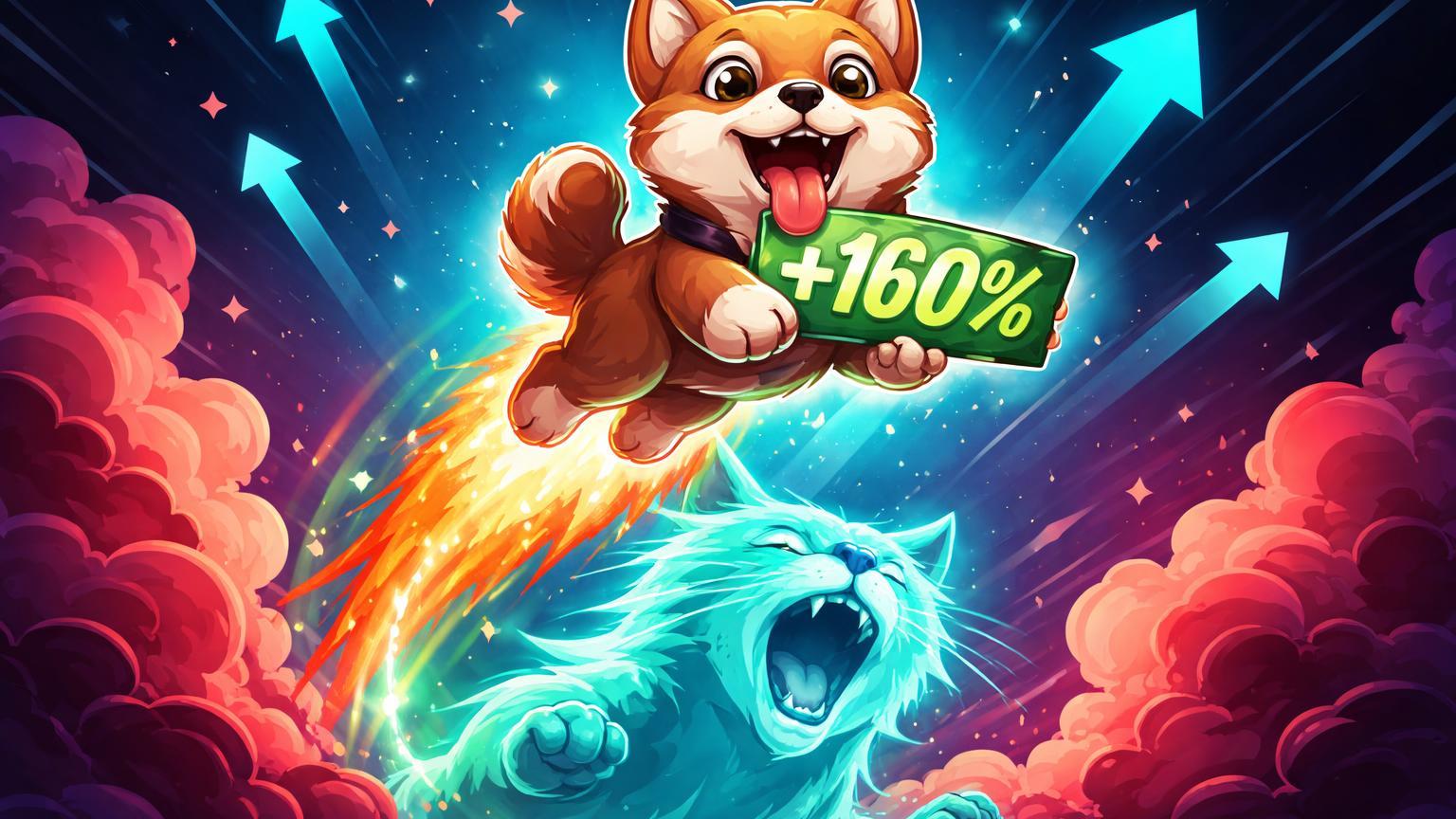 Filhote de cachorro cartoon impulsionado por fantasma de gato rugidor com +160%, simbolizando hype de Barking Puppy e riscos com Roaring Kitty
