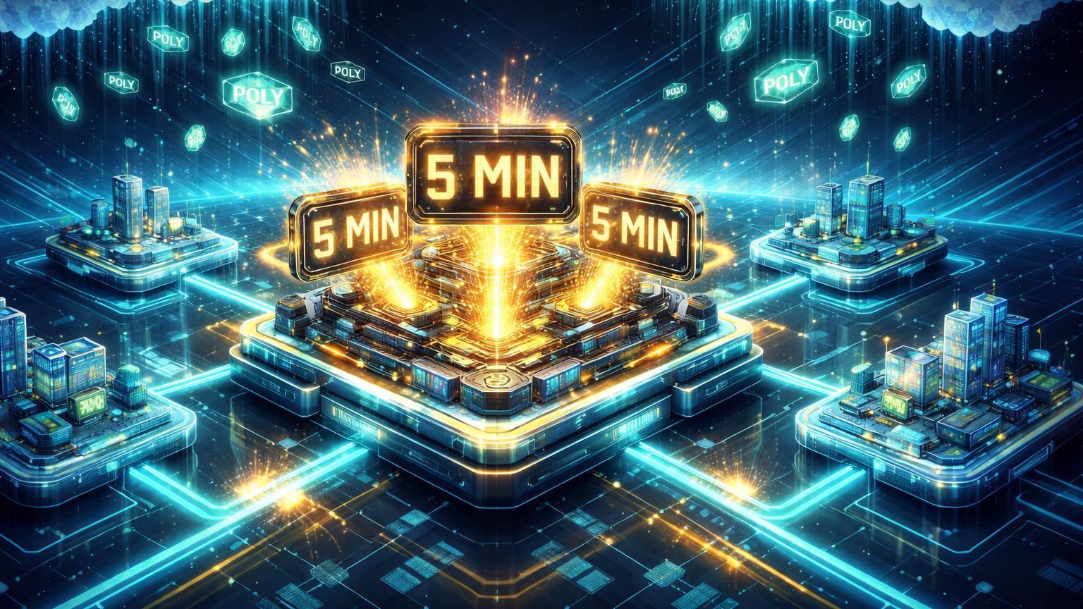 Ecossistema isométrico DeFi com cronômetros de 5 minutos acelerados e partículas POLY caindo, ilustrando lançamento de mercados no Polymarket