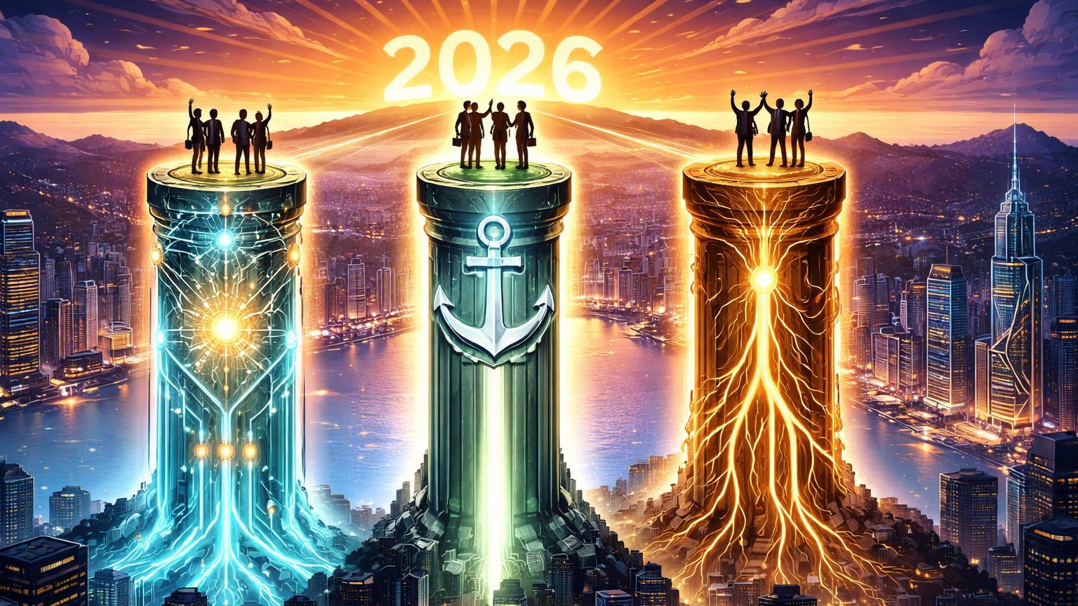 Três pilares cartoon de IA neural, âncora stablecoin e raízes utilidade unindo skyline Hong Kong com '2026' no horizonte, visão Consensus HK