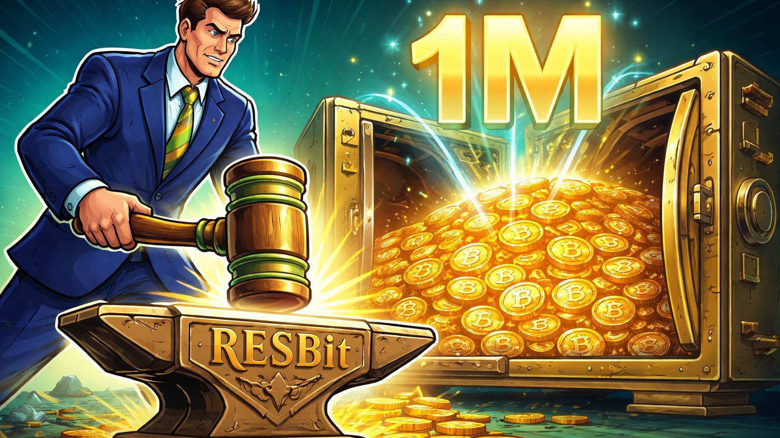 Legislador cartoon batendo martelo de aprovação sobre RESBit, com cofre repleto de 1M BTC simbolizando reserva estratégica brasileira