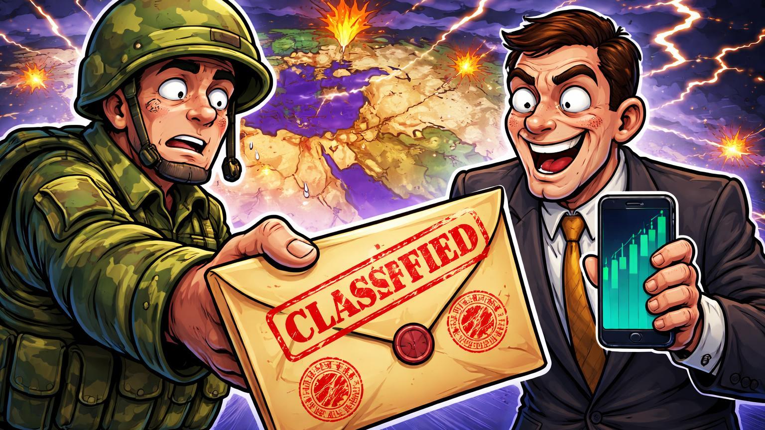 Soldado cartoon entregando envelope 'CLASSIFIED' a civil com tela de apostas em alta, representando insider trading geopolítico no Polymarket