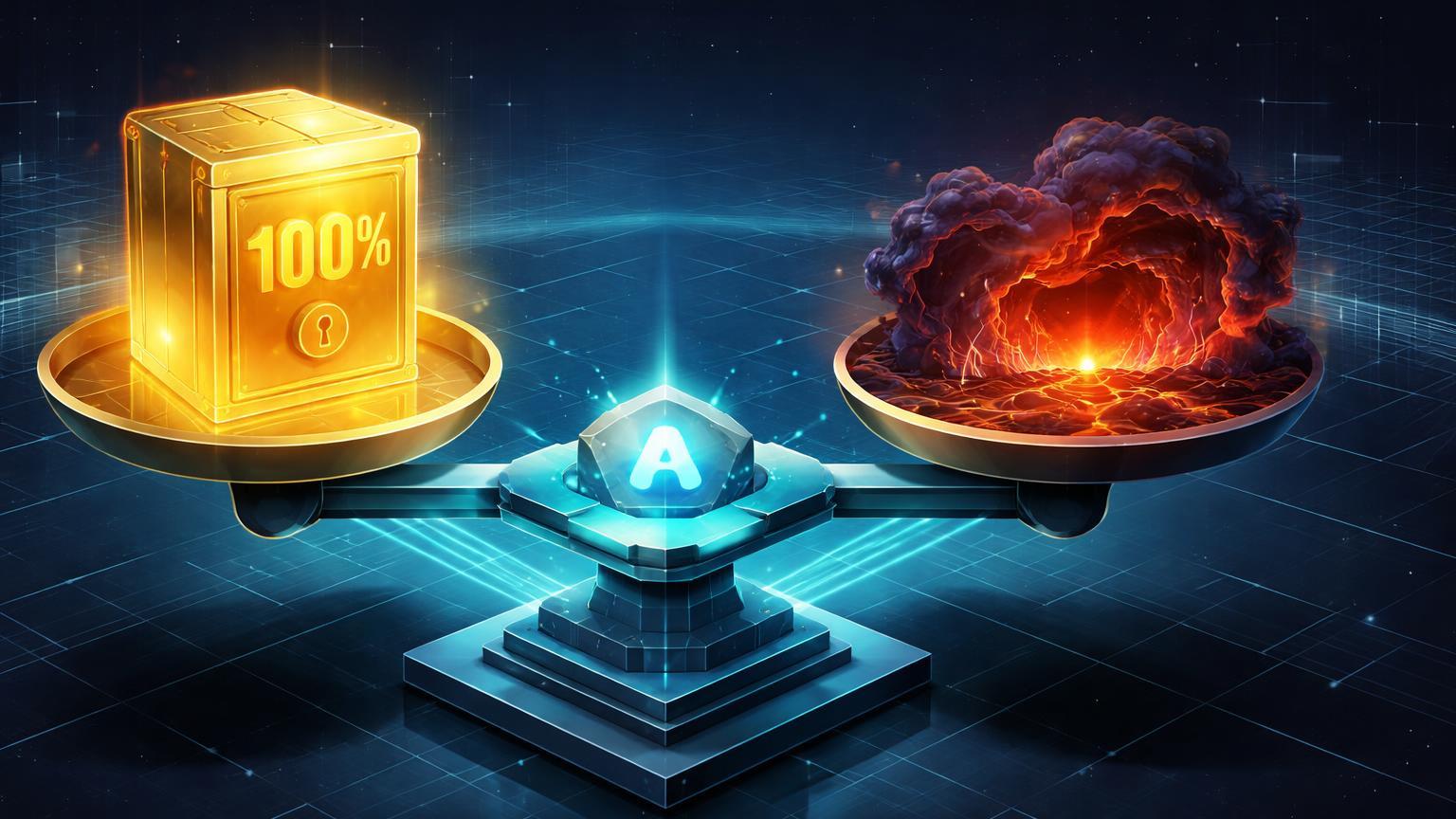 Balança isométrica com cofre '100%' dourado e abismo vermelho de risco, simbolizando dilema da proposta Aave V4 para governança DeFi