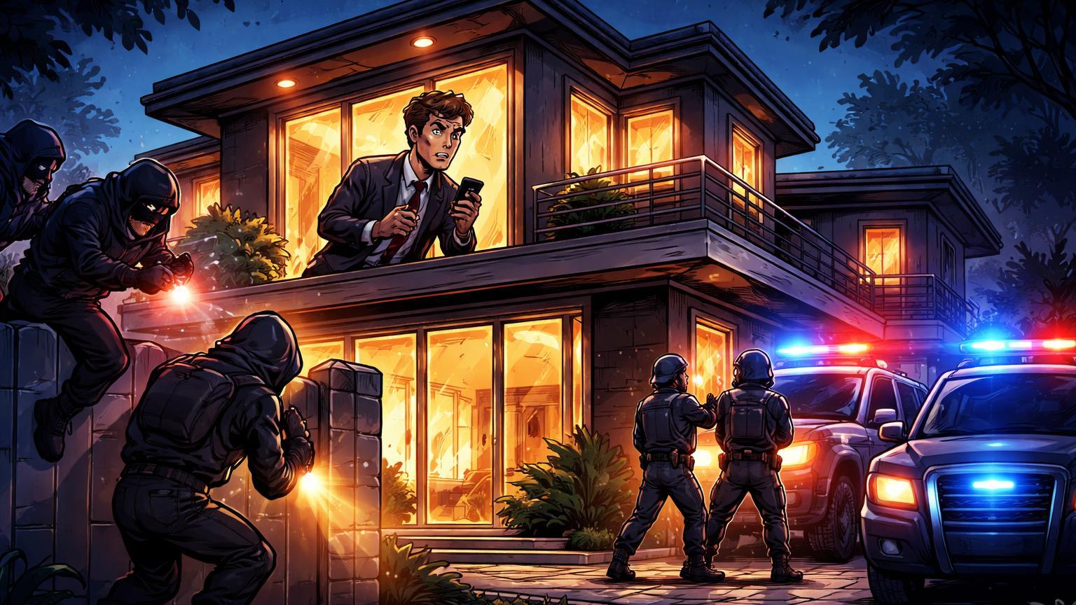 Casa cartoon de executivo sob invasão armada noturna por figuras sombrias, polícia prendendo suspeitos, alertando riscos físicos a holders cripto