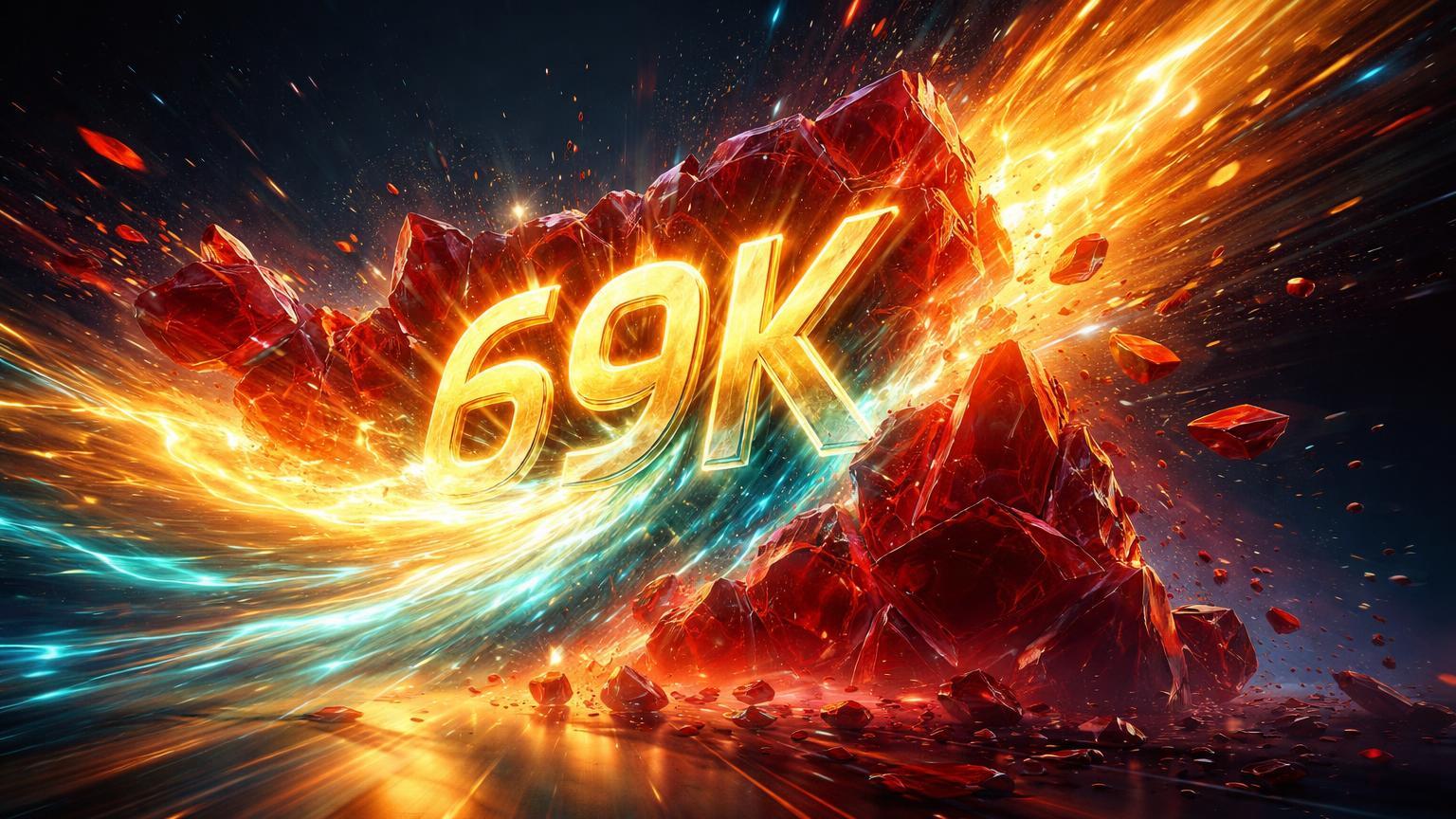 Onda dourada e cyan rompendo barreira vermelha com 69K emergente, representando short squeeze bilionário impulsionado por CPI no Bitcoin