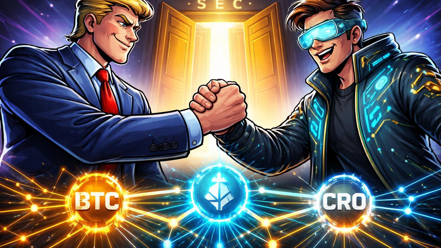 Executivos cartoon de política e cripto apertando mãos sobre rede de staking com BTC ETH CRO, simbolizando convergência Trump Media e ETFs à SEC