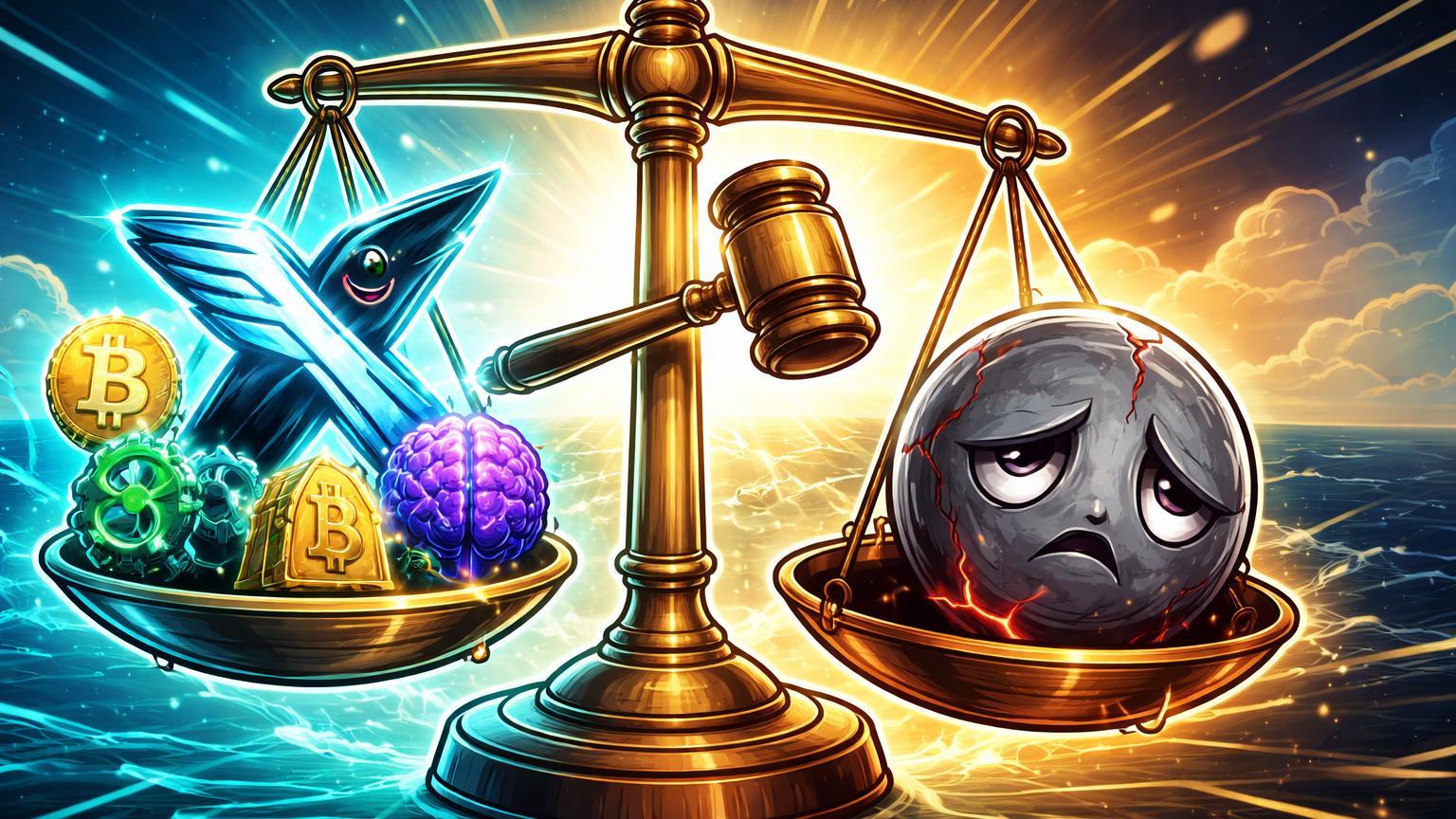 Balança cartoon da justiça com plataforma X e ícones BTC/DeFi/IA subindo, SafeMoon afundando, simbolizando adoção e confiança no cripto
